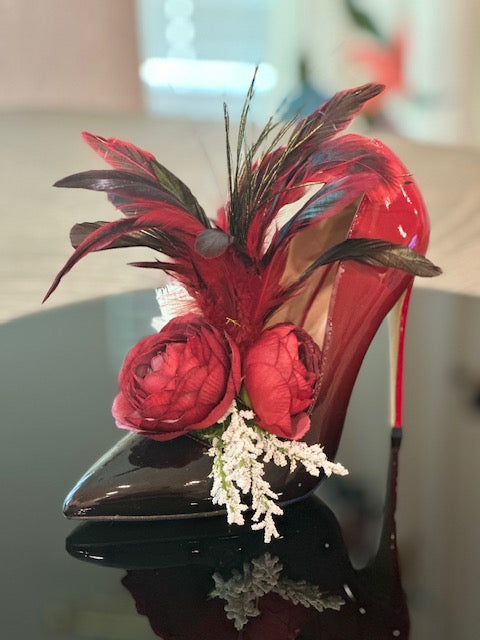 Shoe - Red & Black Feathers Arrangement